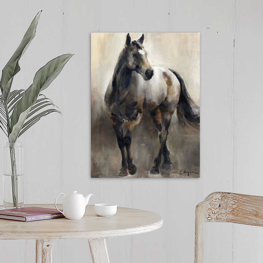 A farmhouse room featuring Contemporary painting of a horse in shades of brown.
