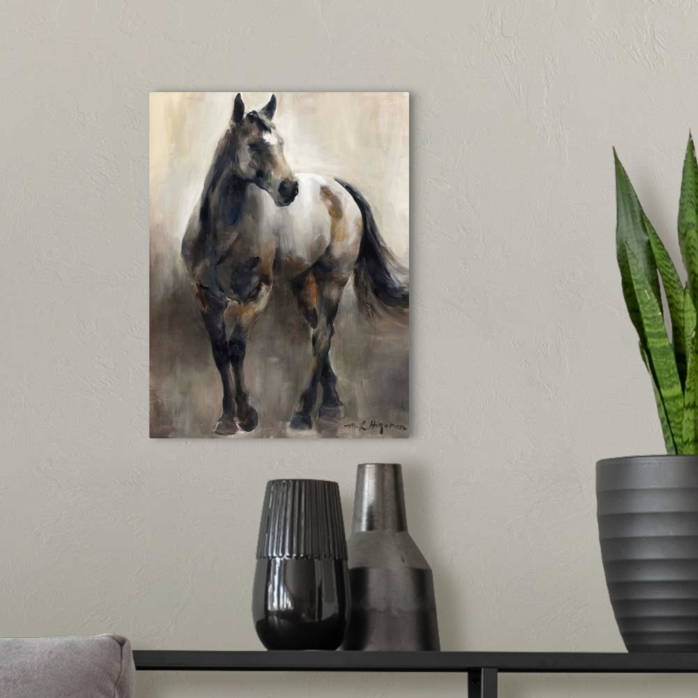 A modern room featuring Contemporary painting of a horse in shades of brown.