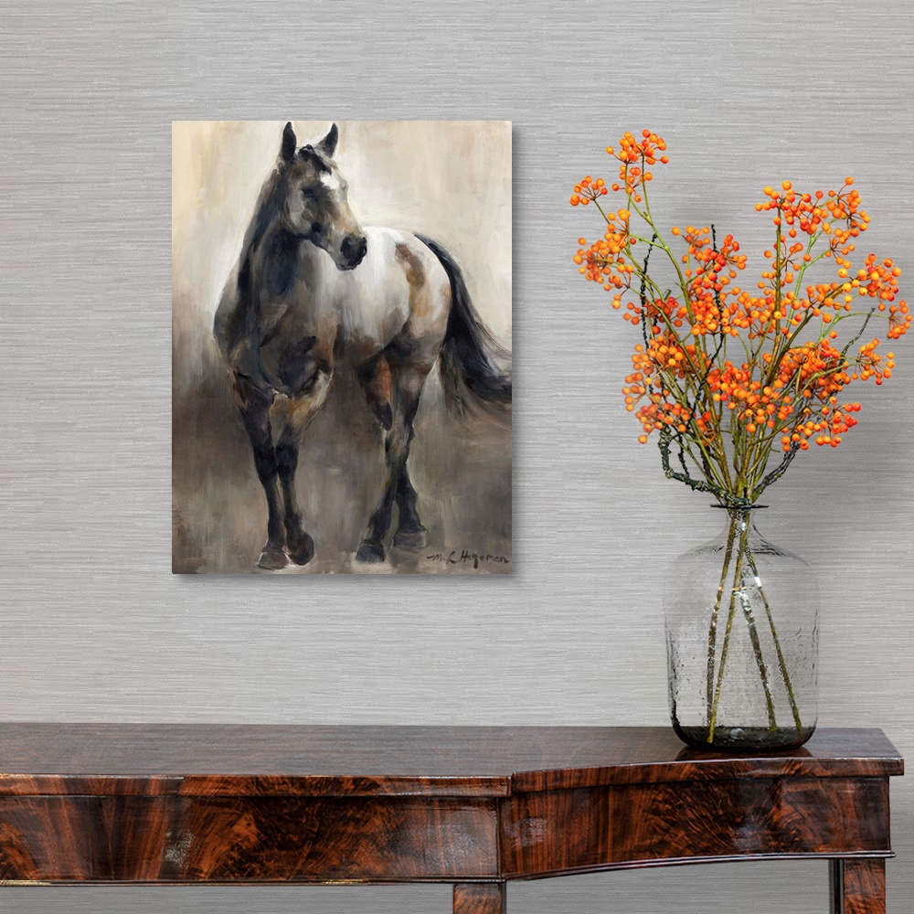A traditional room featuring Contemporary painting of a horse in shades of brown.