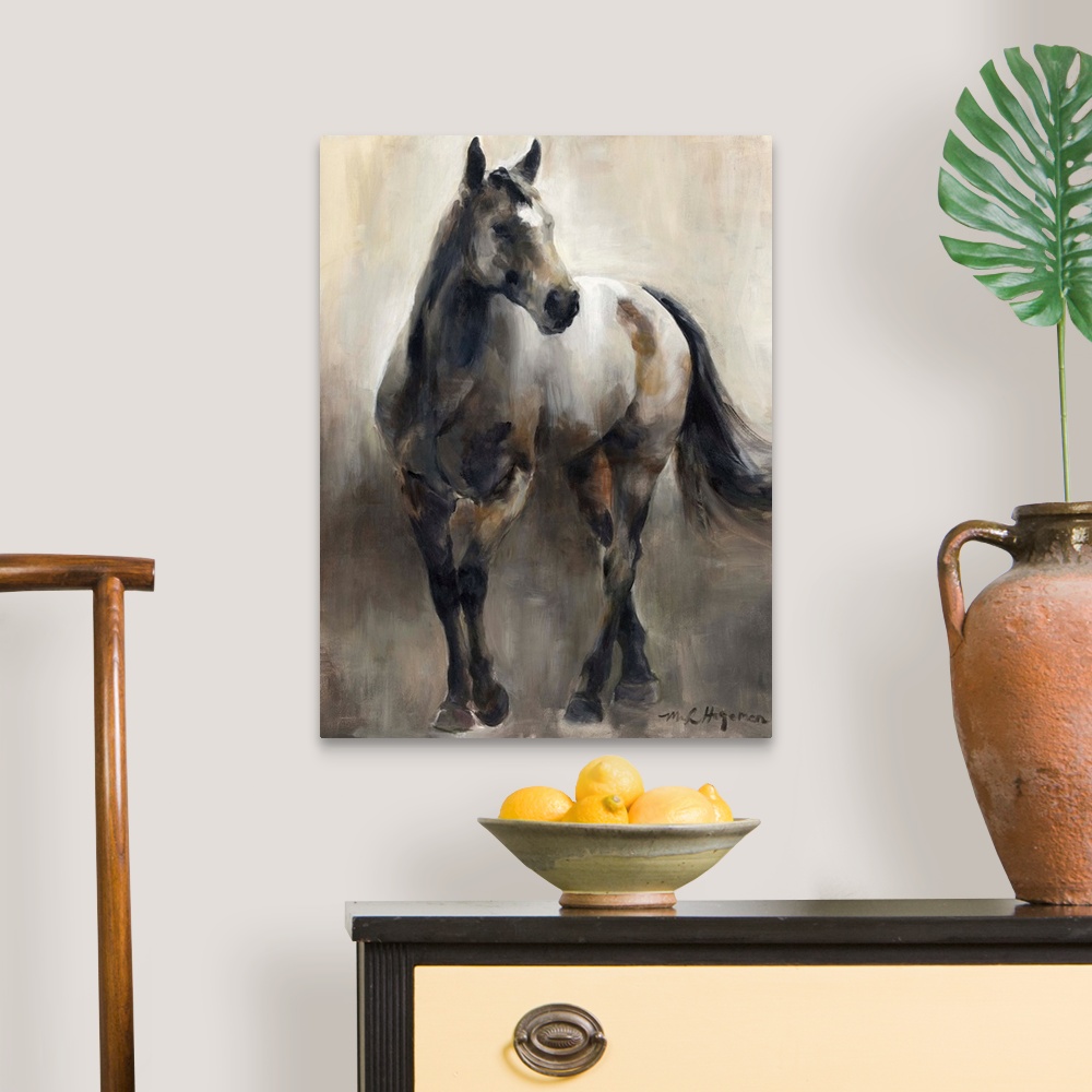 A traditional room featuring Contemporary painting of a horse in shades of brown.