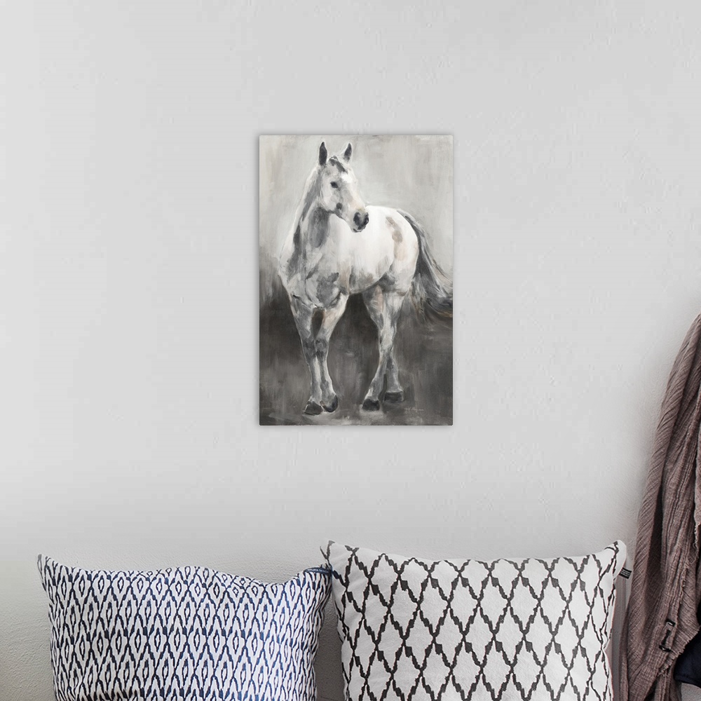 A bohemian room featuring Contemporary artwork of a horse standing with an abstract backdrop.