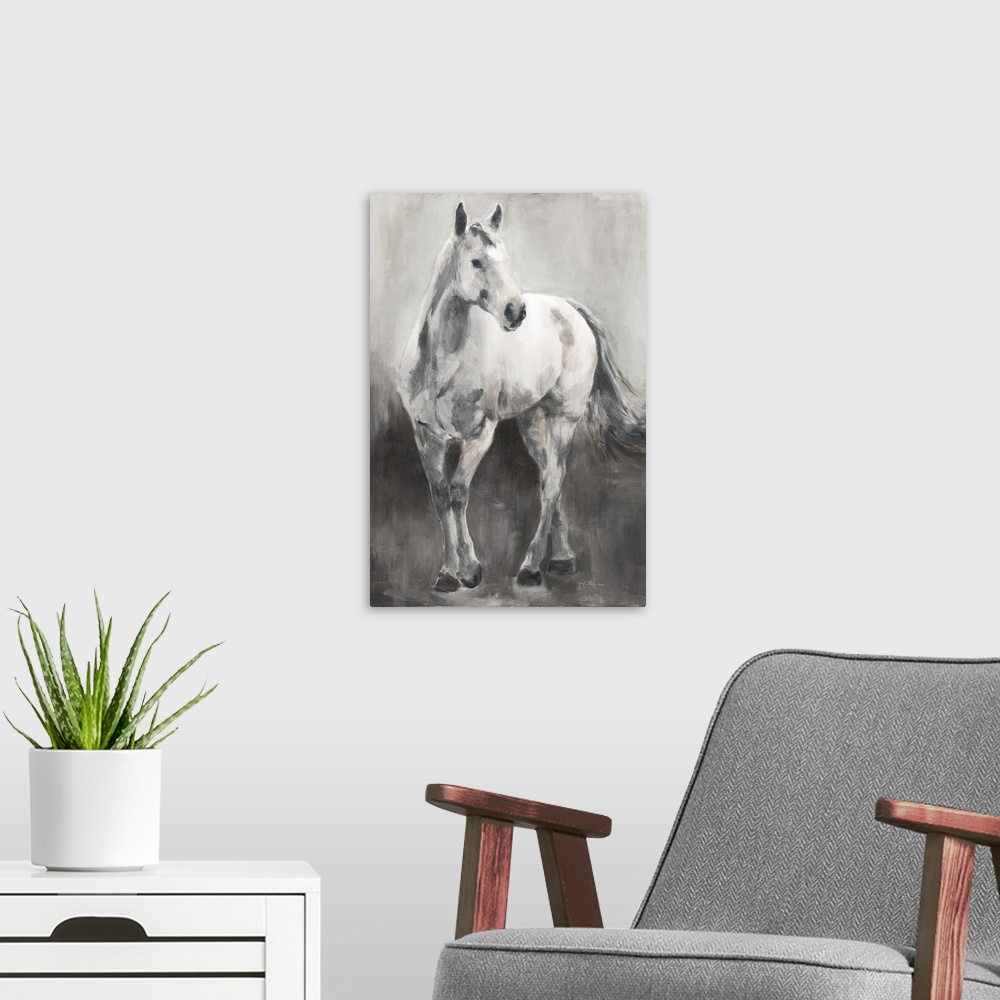 A modern room featuring Contemporary artwork of a horse standing with an abstract backdrop.