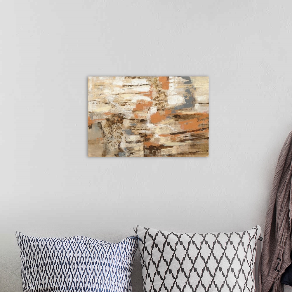 A bohemian room featuring Contemporary artwork featuring horizontal brush strokes in earthy colors with abstract textures t...