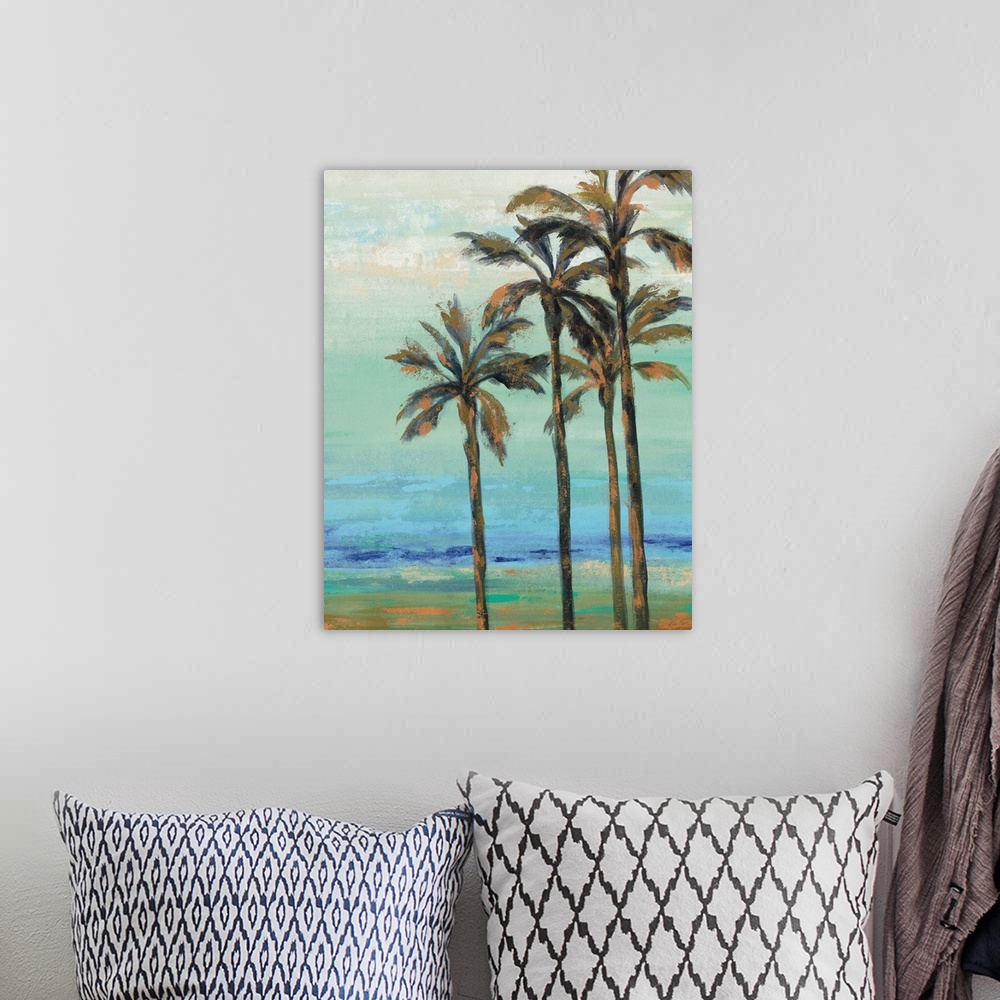 A bohemian room featuring Contemporary artwork of palm trees adorned with copper colored highlights over an abstract landsc...