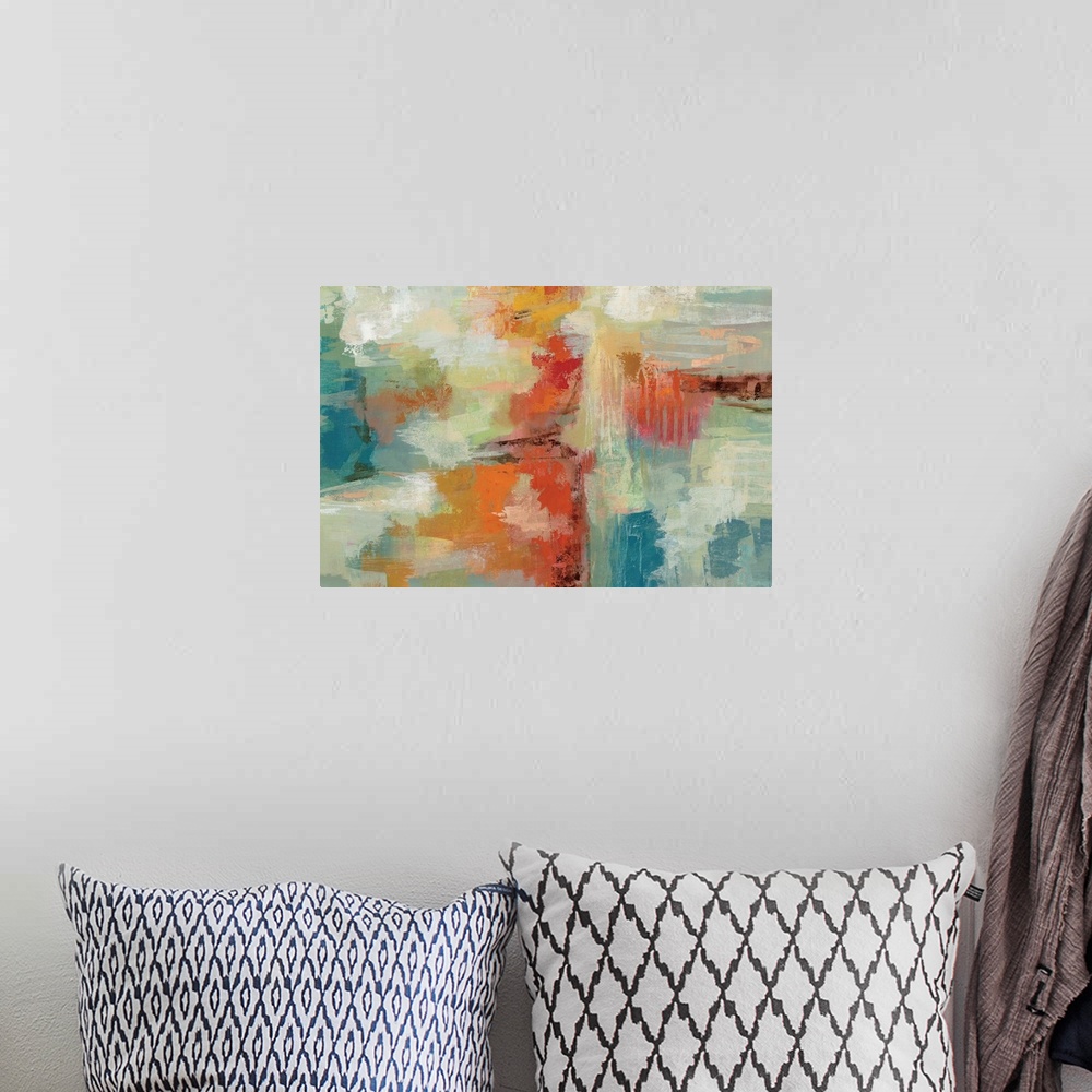 A bohemian room featuring Contemporary abstract artwork in bright oranges and blues.