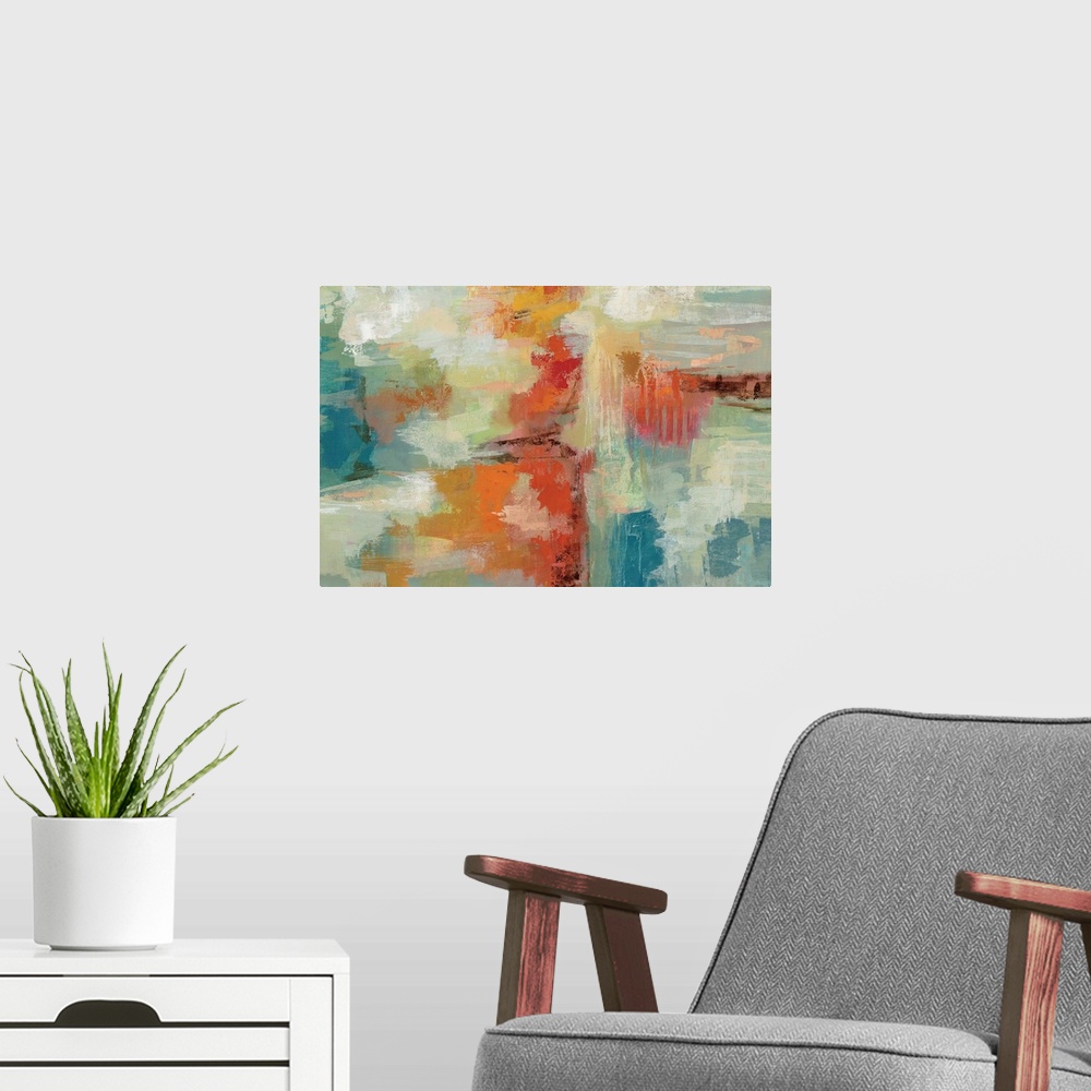 A modern room featuring Contemporary abstract artwork in bright oranges and blues.
