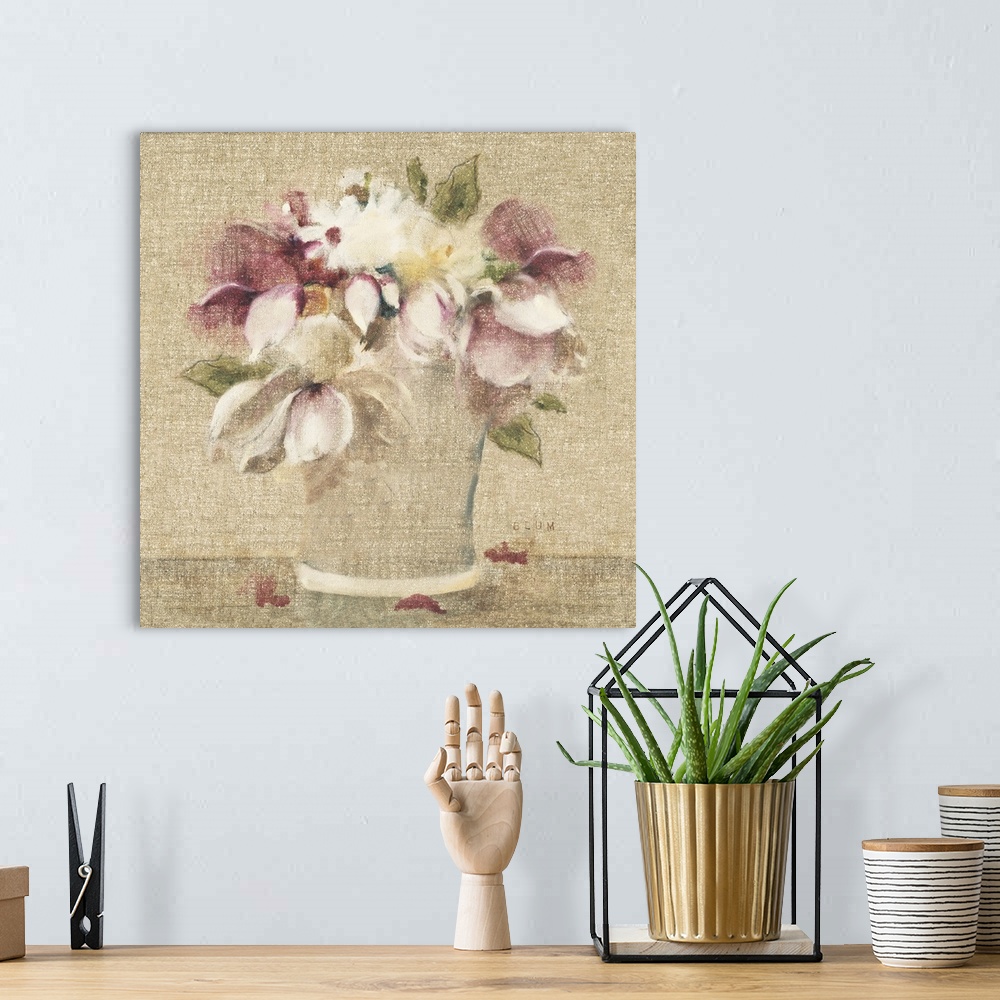 A bohemian room featuring A square contemporary painting of a bouquet of flowers in muted colors and a textured finish.