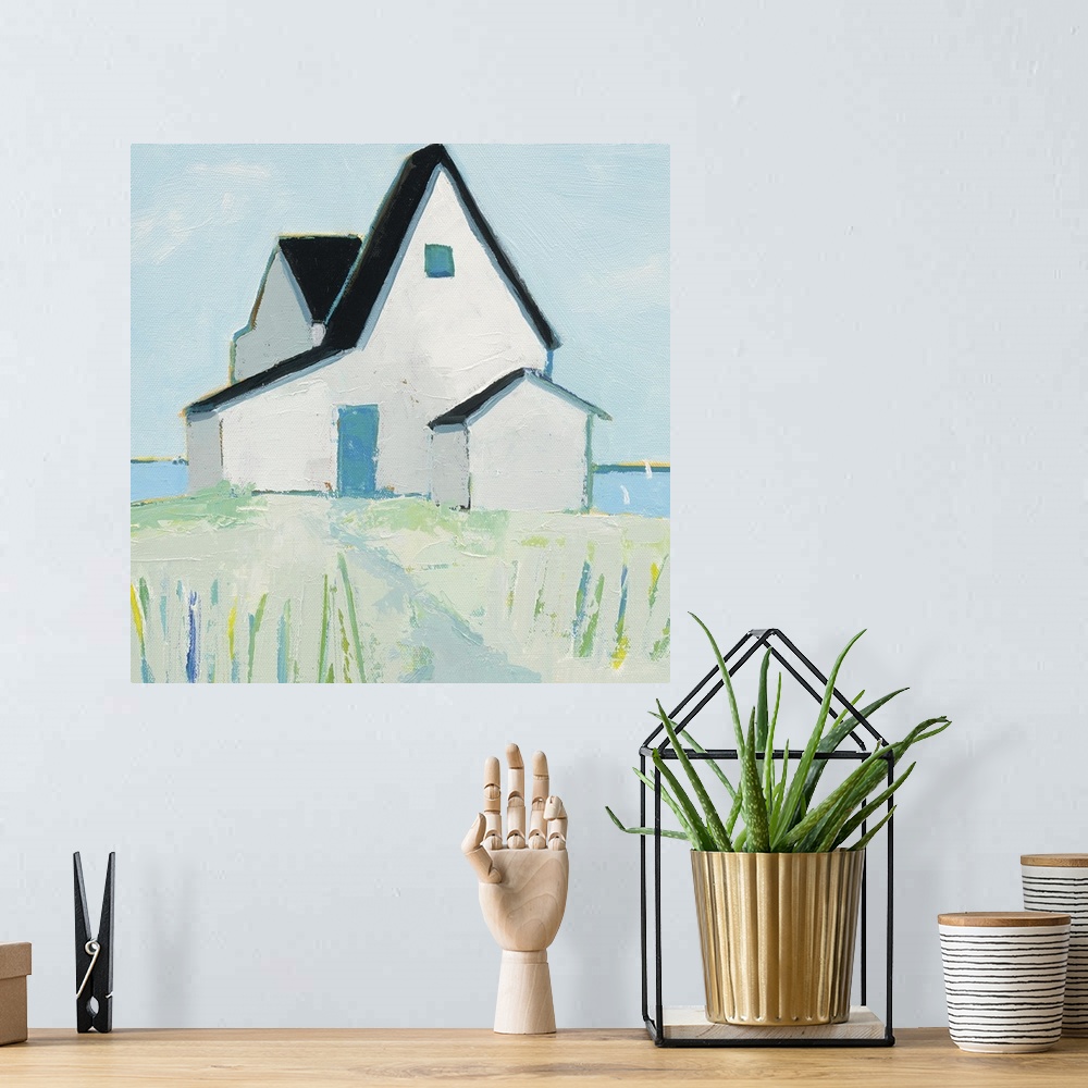 A bohemian room featuring Contemporary painting of a cottage by the ocean with cool blue, green, white, and yellow hues.