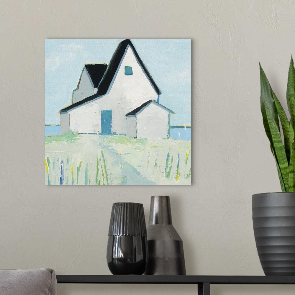 A modern room featuring Contemporary painting of a cottage by the ocean with cool blue, green, white, and yellow hues.