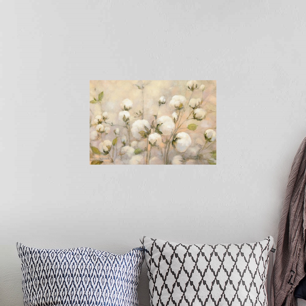 A bohemian room featuring Large contemporary painting of wild cotton with a warm background.