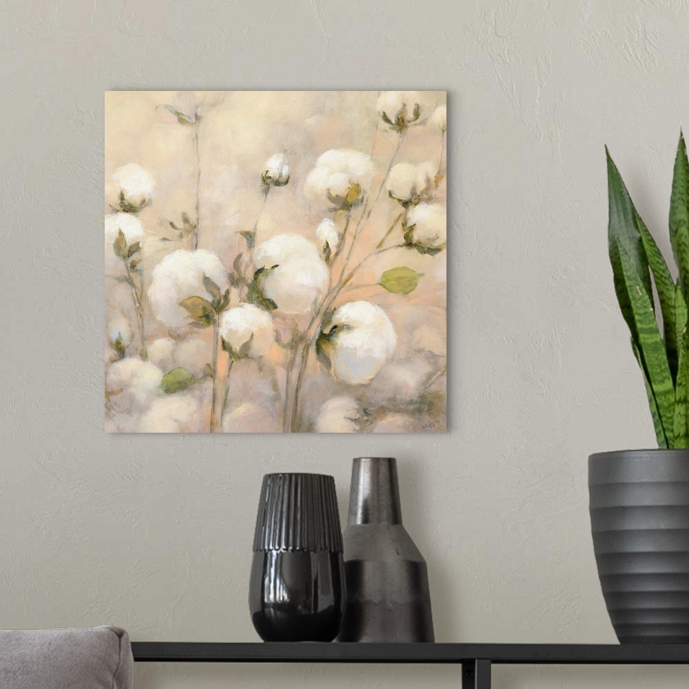 A modern room featuring Square painting of wild cotton with a warm background.