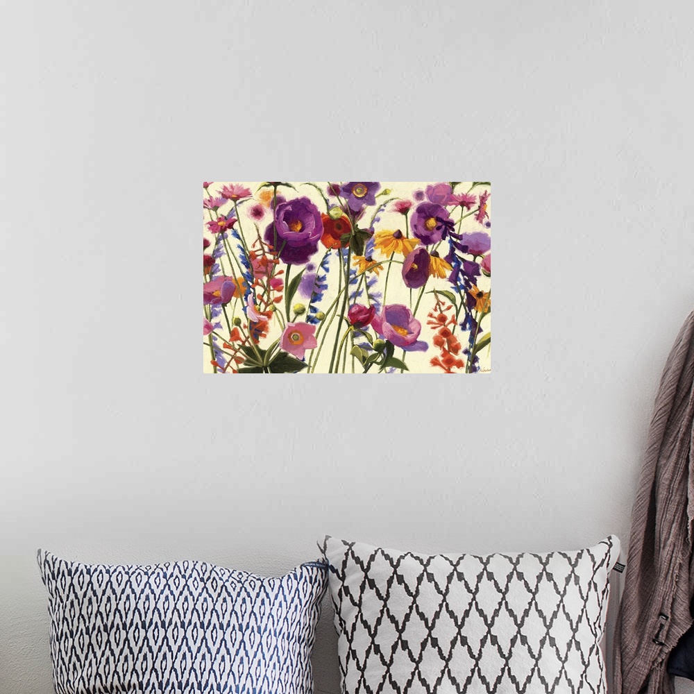 A bohemian room featuring Contemporary painting of several types of flowers springing up from the bottom of the print.