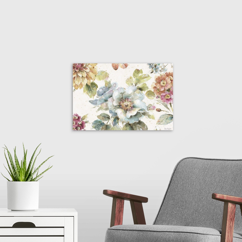 A modern room featuring Floral watercolor painting on a white background with gold paint splatter.