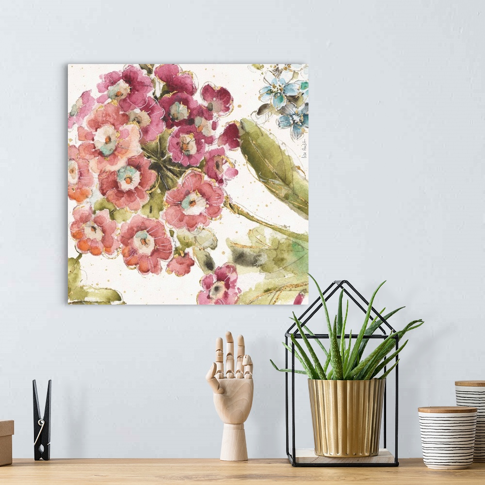A bohemian room featuring Floral square watercolor painting with metallic gold highlights on a white background with gold p...