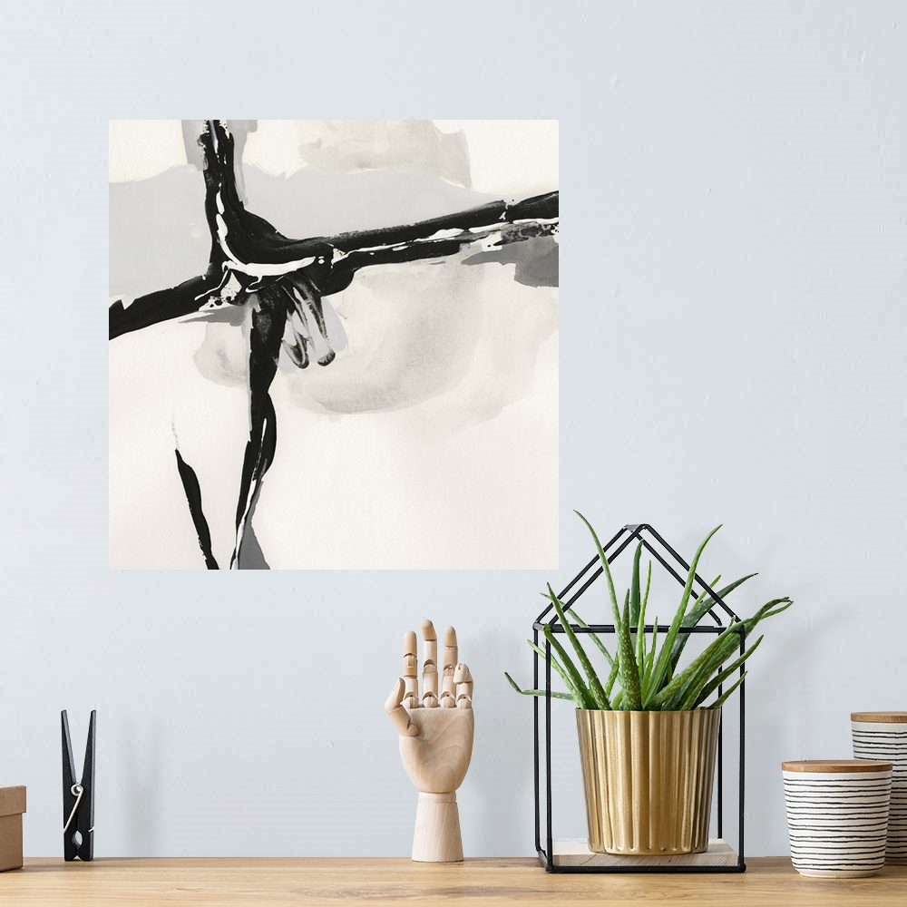 A bohemian room featuring Square black, white, gray, and cream abstract painting with a bold vertical and horizontal thick ...