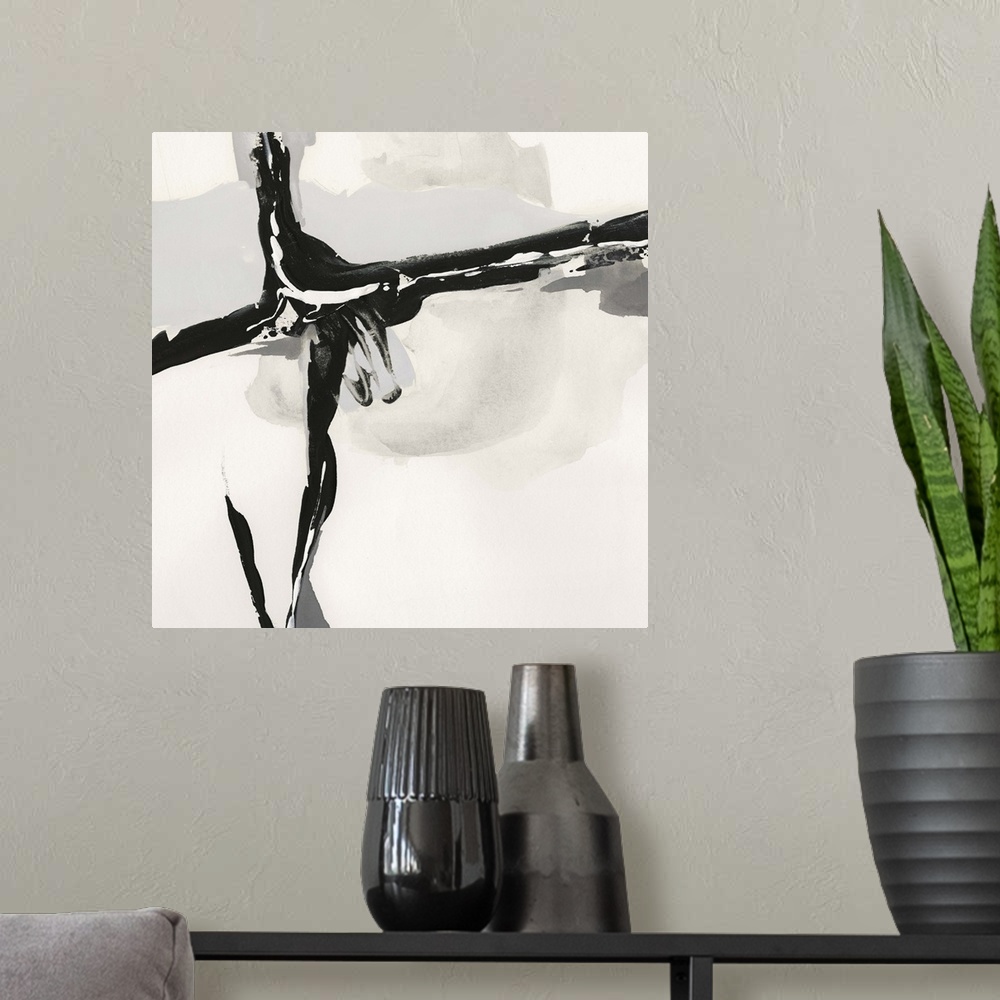 A modern room featuring Square black, white, gray, and cream abstract painting with a bold vertical and horizontal thick ...