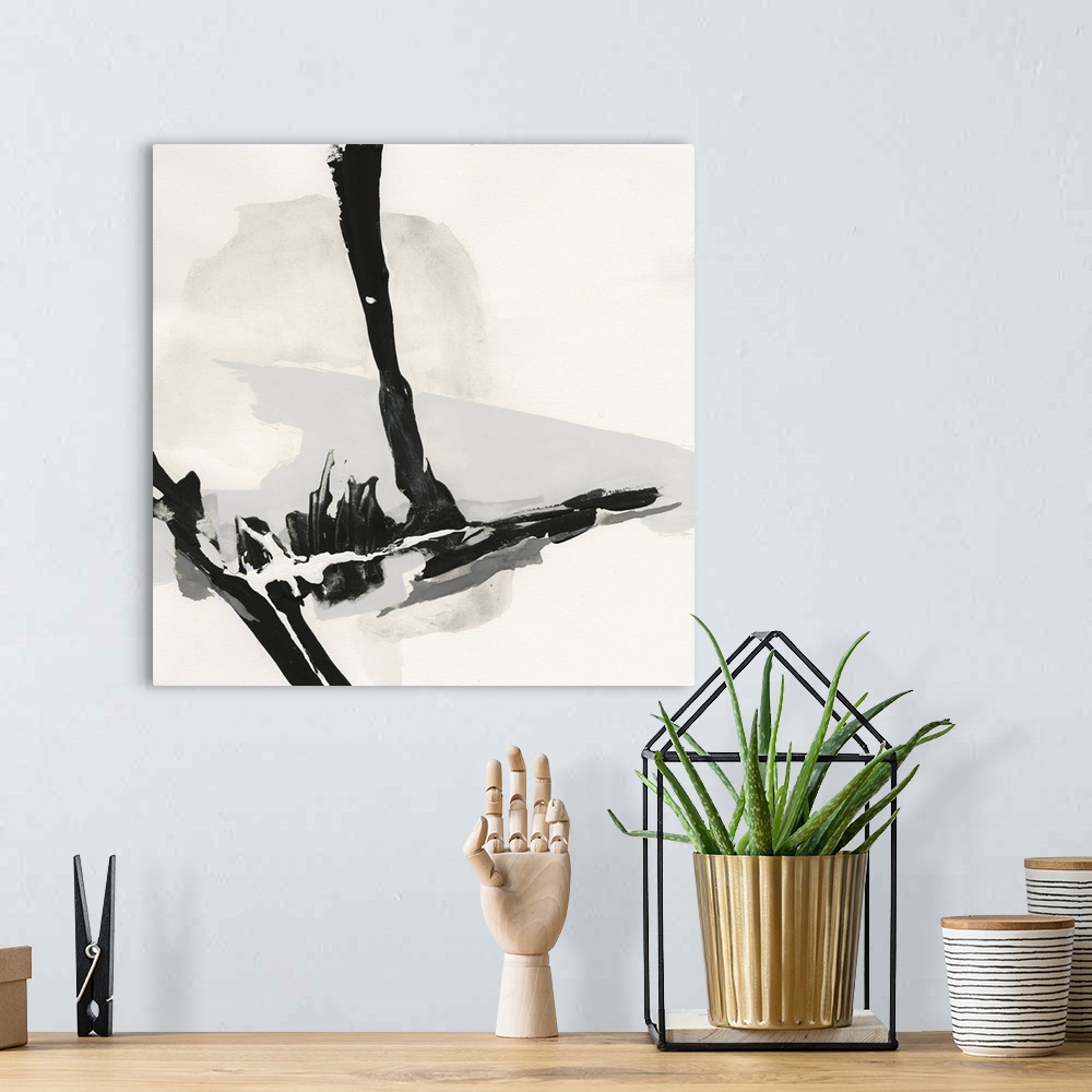 A bohemian room featuring Square black, white, gray, and cream abstract painting with a bold vertical and horizontal thick ...