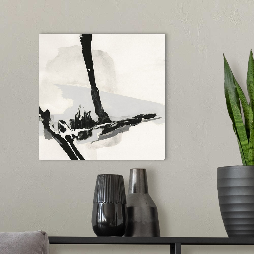 A modern room featuring Square black, white, gray, and cream abstract painting with a bold vertical and horizontal thick ...