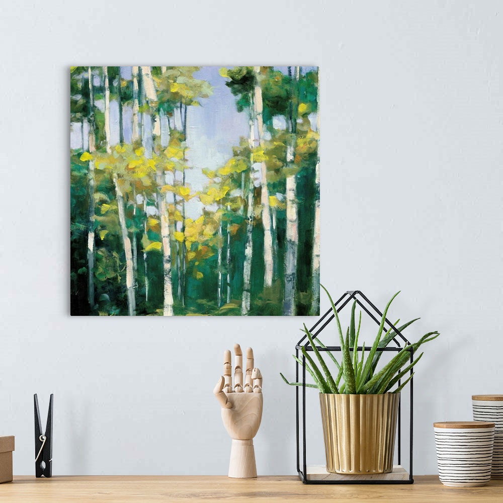 A bohemian room featuring Contemporary artwork of a forest of birch trees with green leaves.