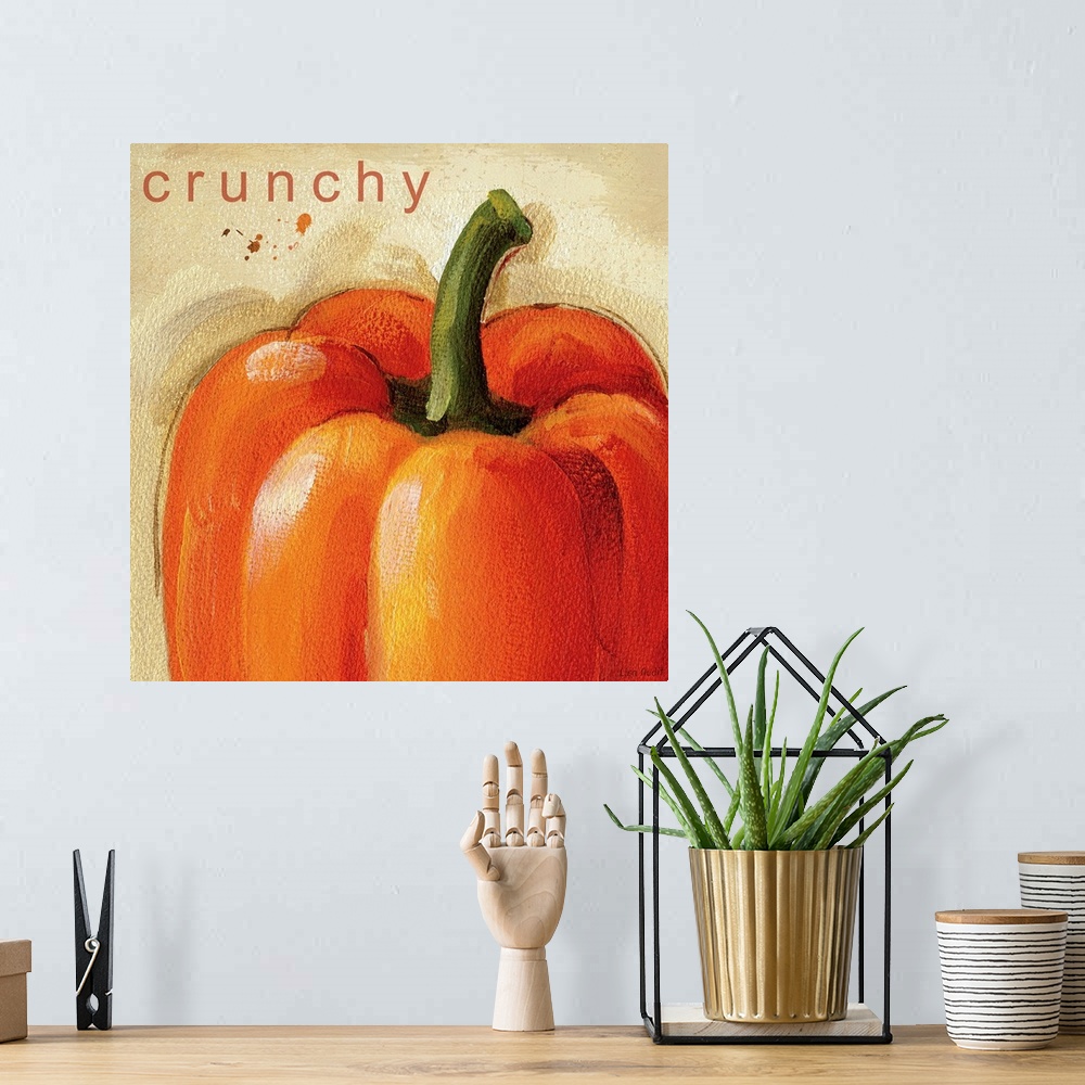 A bohemian room featuring Big contemporary art showcases a bell pepper with a piece of text at the top describing its textu...