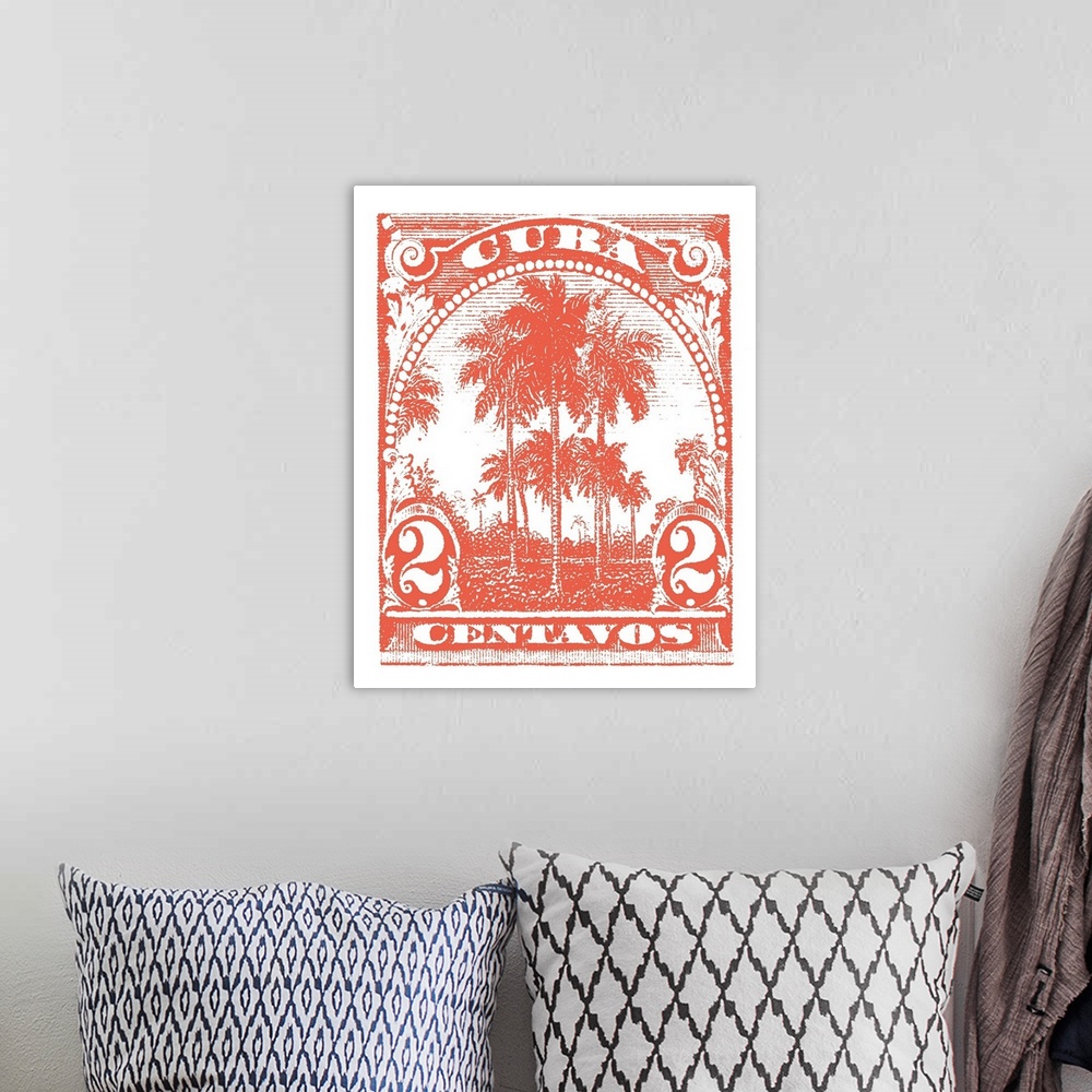 A bohemian room featuring A digital illustration of a Cuba post stamp in red.