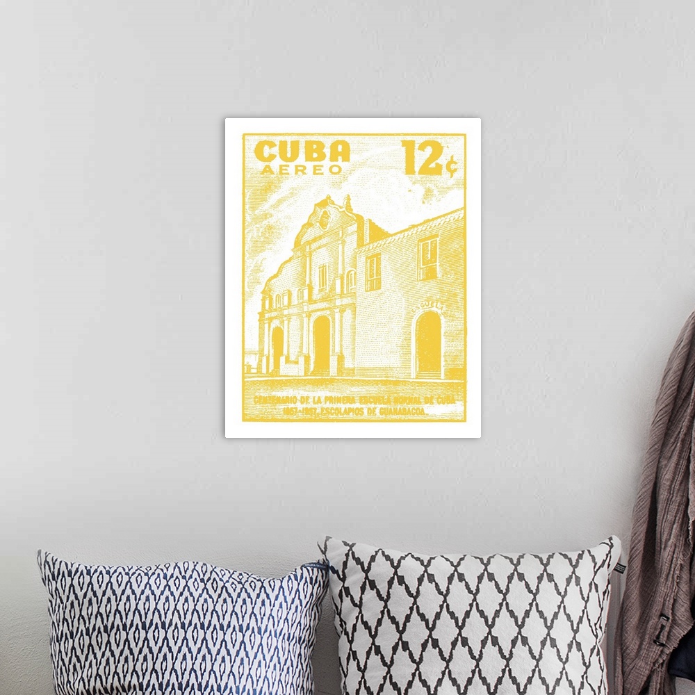 A bohemian room featuring A digital illustration of a Cuba post stamp in yellow.