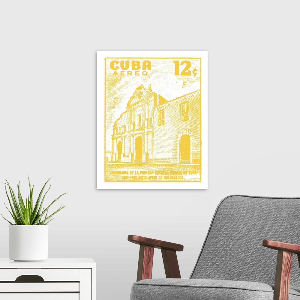 A modern room featuring A digital illustration of a Cuba post stamp in yellow.