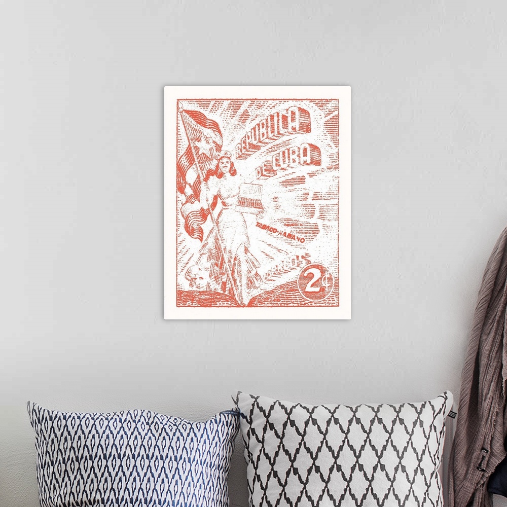 A bohemian room featuring Vintage Cuban stamp in red and white advertising smokeless tobacco for Republic of Cuba Post.