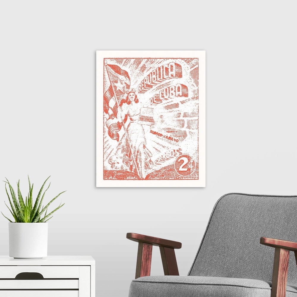 A modern room featuring Vintage Cuban stamp in red and white advertising smokeless tobacco for Republic of Cuba Post.