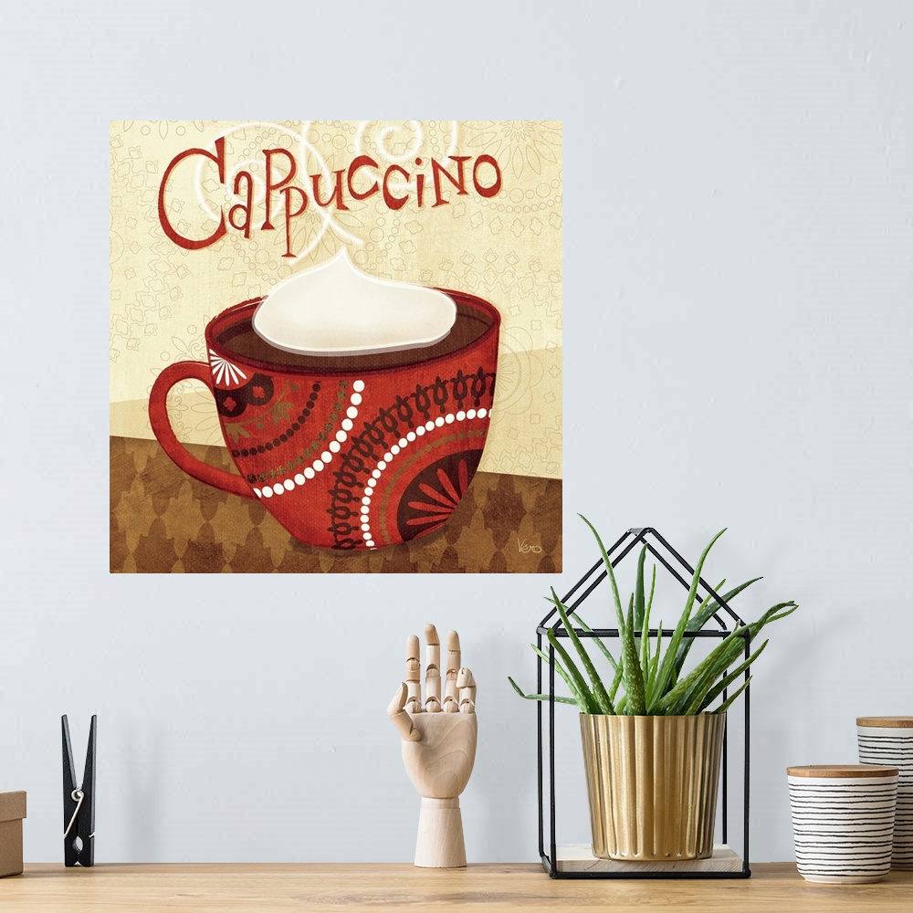 A bohemian room featuring Contemporary artwork of a coffee cup with decorative patterns, with the text "Cappuccino" at the ...