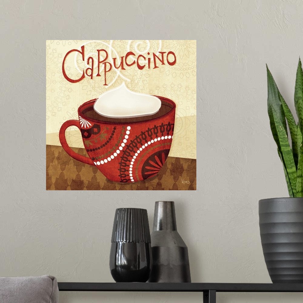 A modern room featuring Contemporary artwork of a coffee cup with decorative patterns, with the text "Cappuccino" at the ...