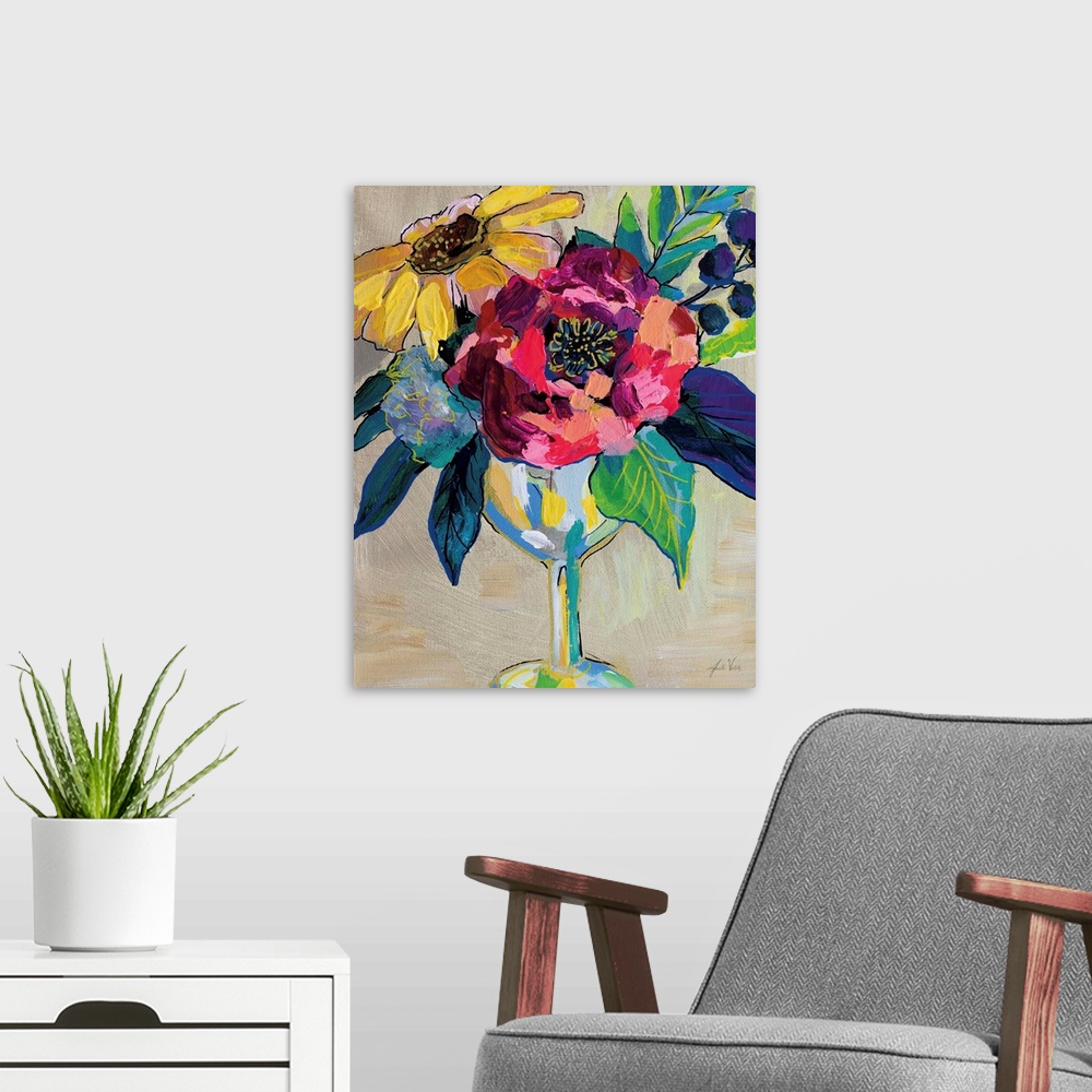 A modern room featuring Abstracted bouquet of colorful florals.