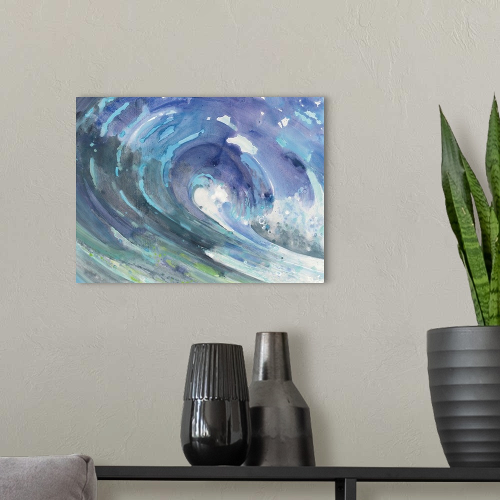 A modern room featuring Contemporary painting of the center of a cascading ocean wave.