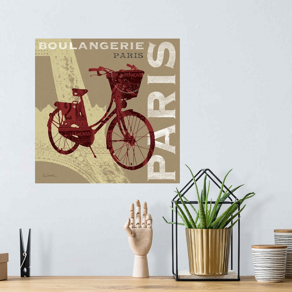 A bohemian room featuring Square, large home art docor of a detailed outline of a bicycle, with vintage French imagery insi...