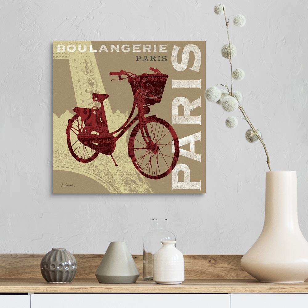 A farmhouse room featuring Square, large home art docor of a detailed outline of a bicycle, with vintage French imagery insi...