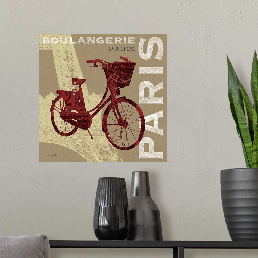A modern room featuring Square, large home art docor of a detailed outline of a bicycle, with vintage French imagery insi...