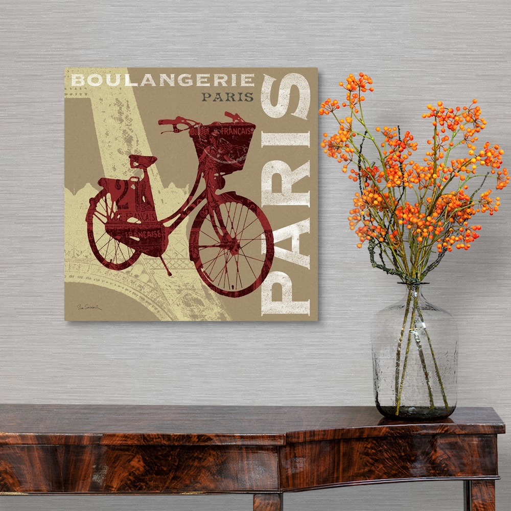 A traditional room featuring Square, large home art docor of a detailed outline of a bicycle, with vintage French imagery insi...
