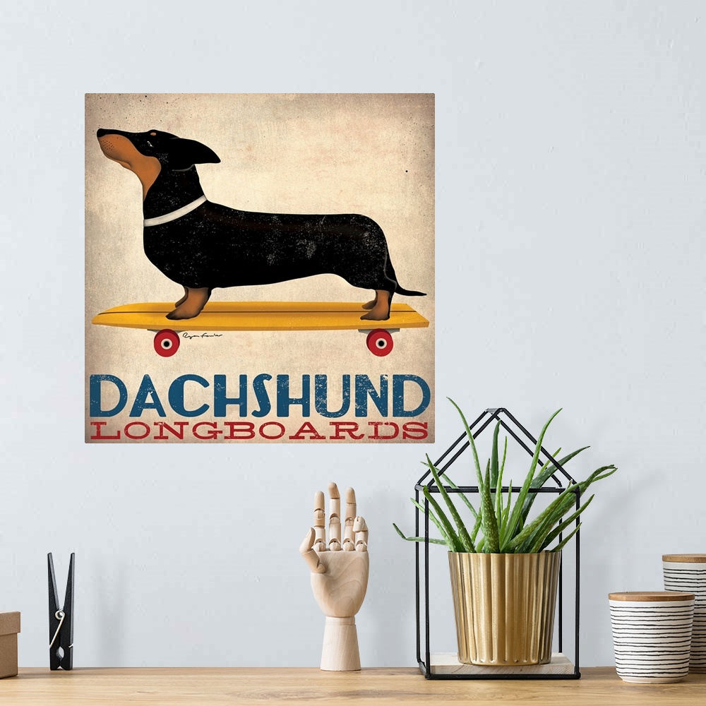 A bohemian room featuring Artwork of a dachshund standing on a long skateboard. Text is printed just below it.