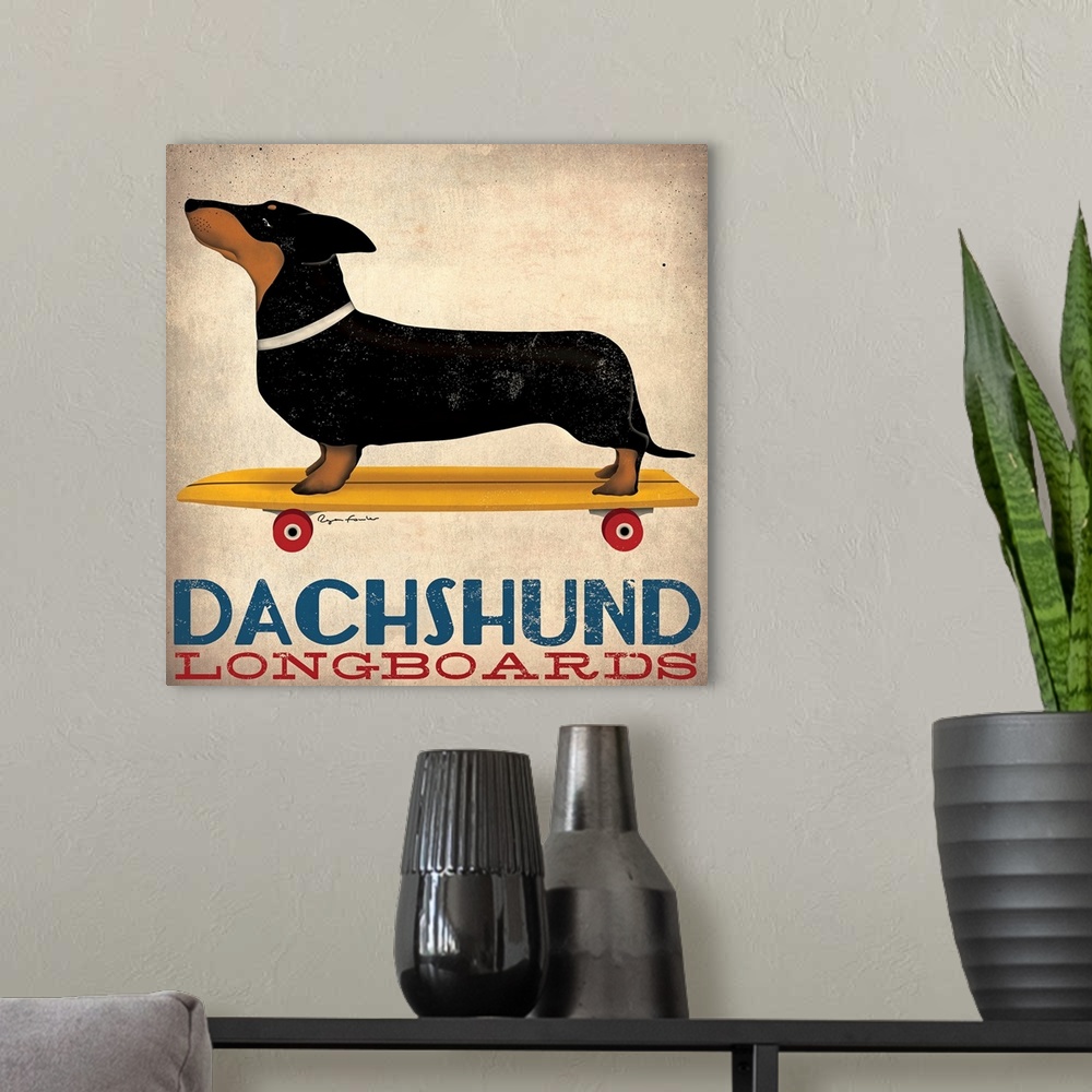 A modern room featuring Artwork of a dachshund standing on a long skateboard. Text is printed just below it.