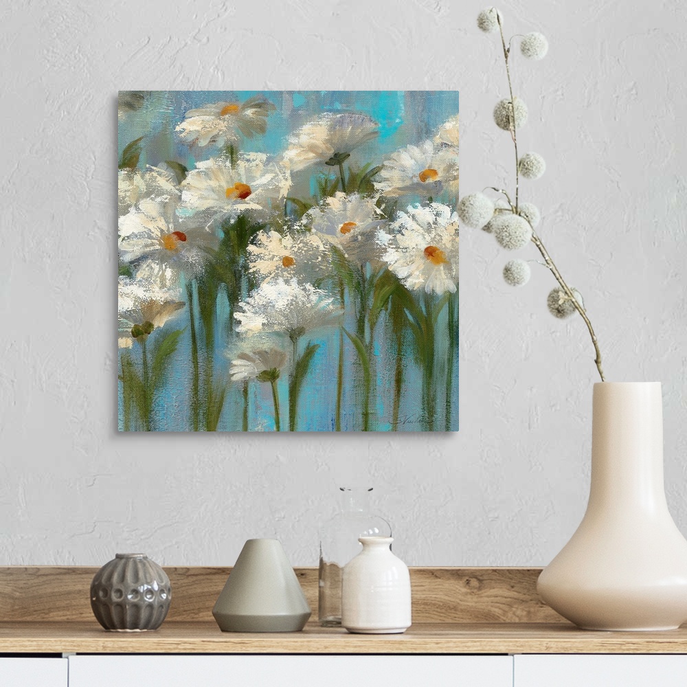 A farmhouse room featuring This big canvas wall art is a contemporary painting of several impressionistic flowers against a ...