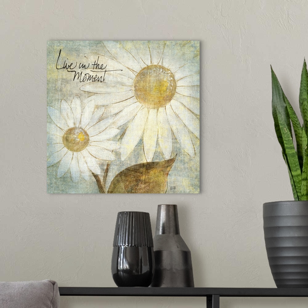 A modern room featuring A piece of artwork that contains two daisies and has a distressed look to the entire print. Text ...