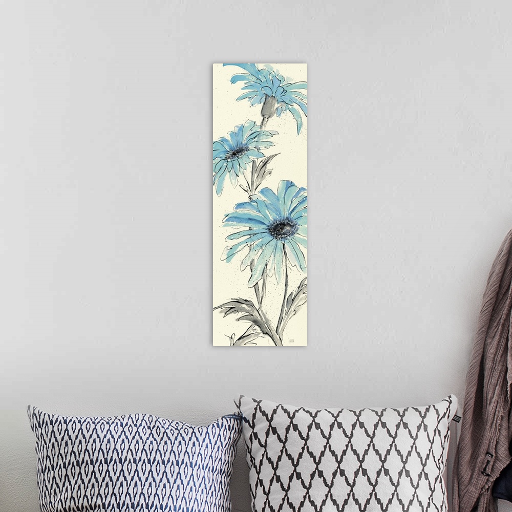 A bohemian room featuring Contemporary artwork of blue flowers close-up in the frame of the image.