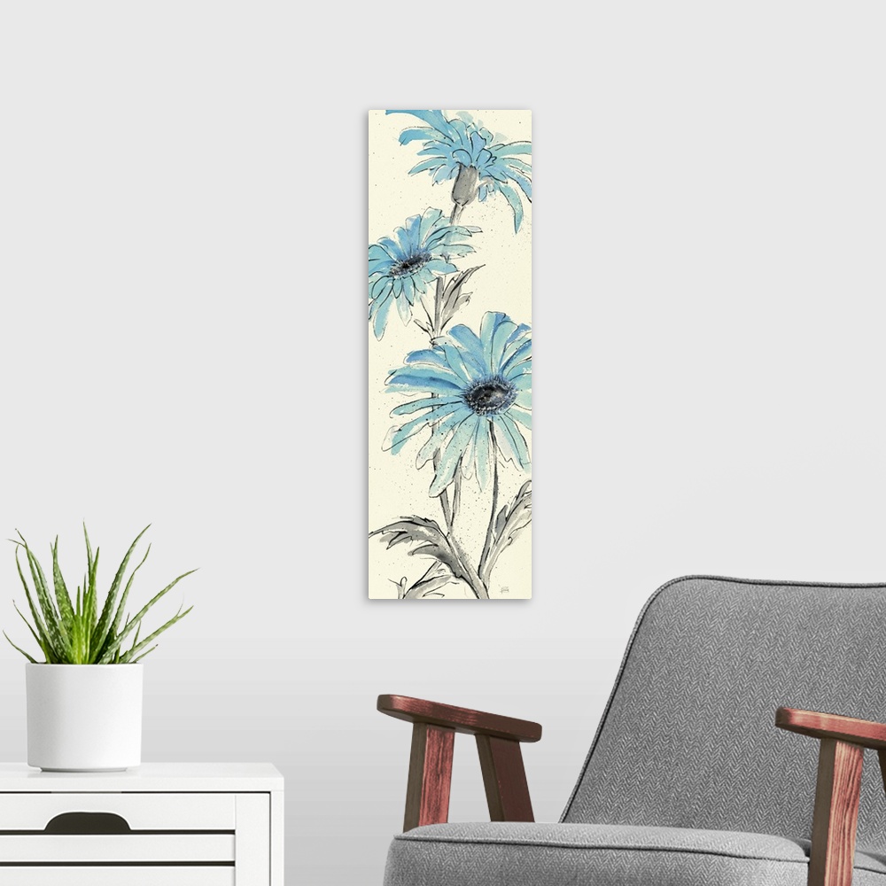 A modern room featuring Contemporary artwork of blue flowers close-up in the frame of the image.