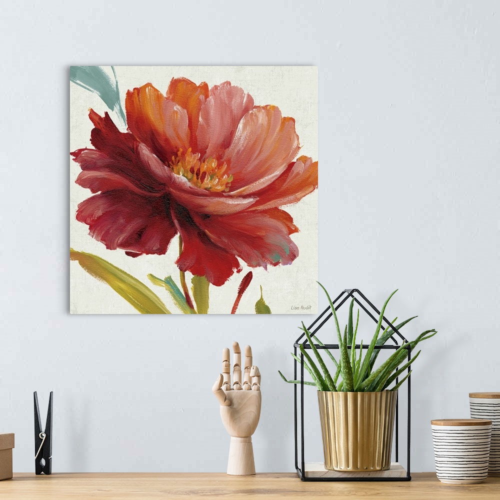 A bohemian room featuring Big, square floral painting of a large, vibrant bloom on a neutral background.  Painted with thic...