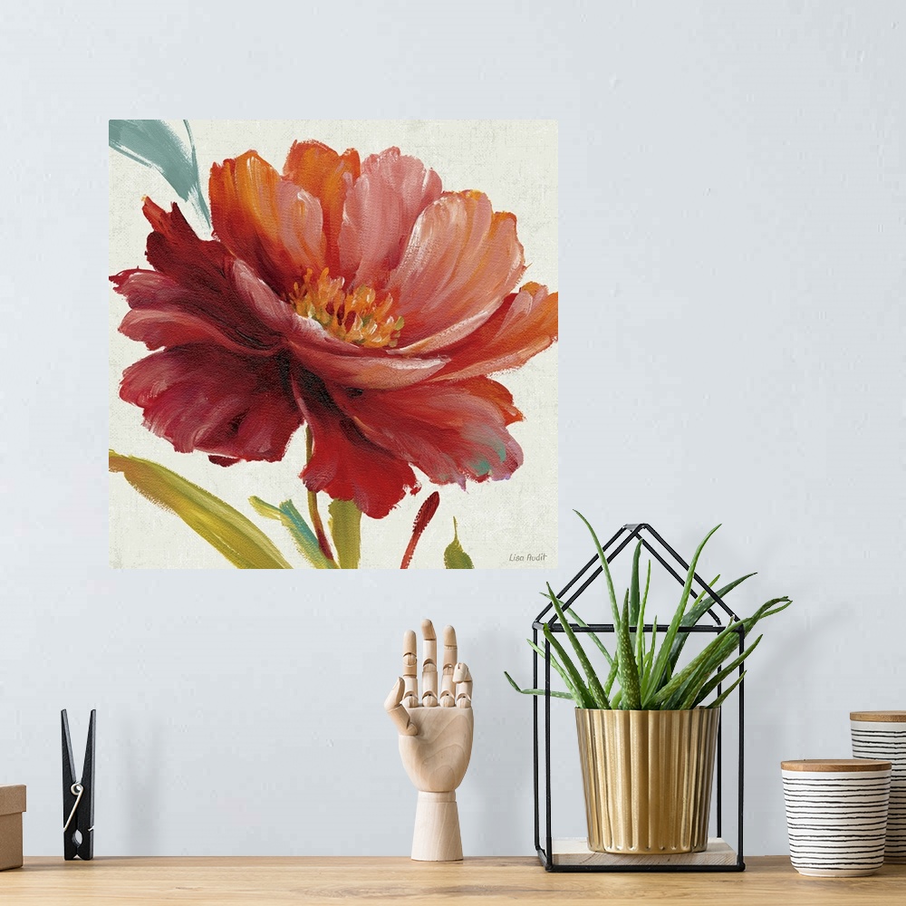 A bohemian room featuring Big, square floral painting of a large, vibrant bloom on a neutral background.  Painted with thic...