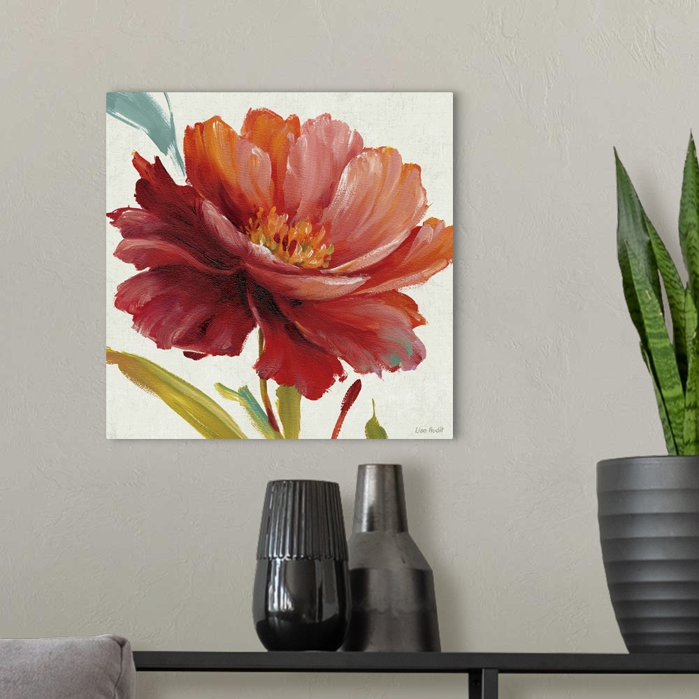 A modern room featuring Big, square floral painting of a large, vibrant bloom on a neutral background.  Painted with thic...