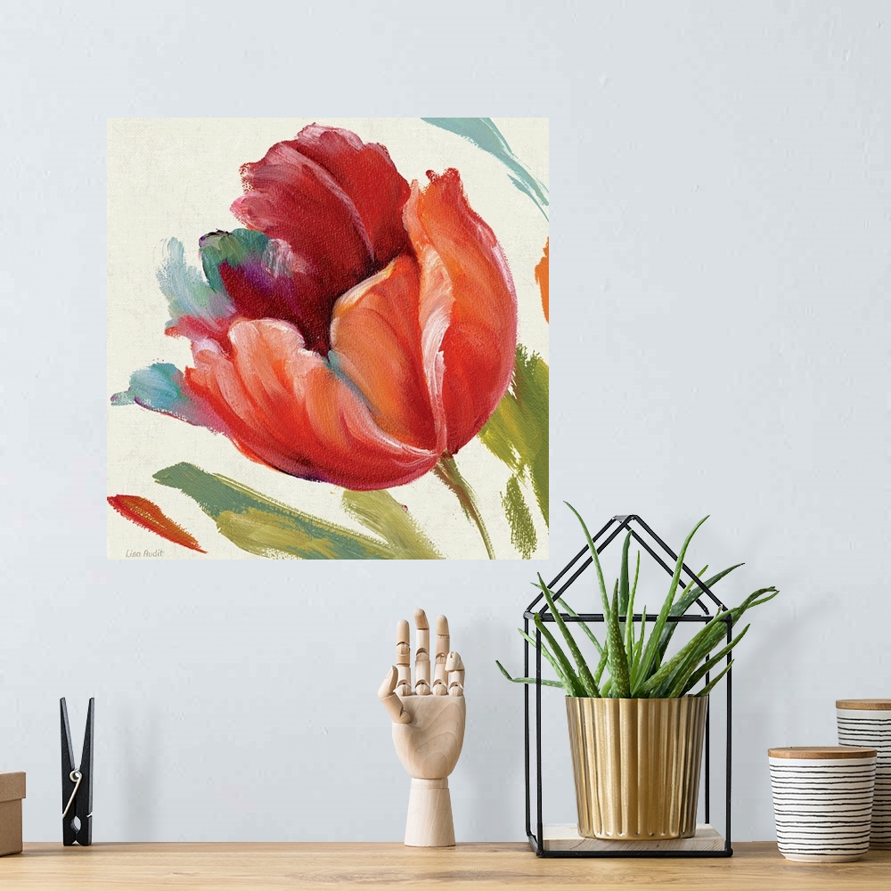 A bohemian room featuring Contemporary painting of flower blossom with background full of thick colorful random brush strokes.