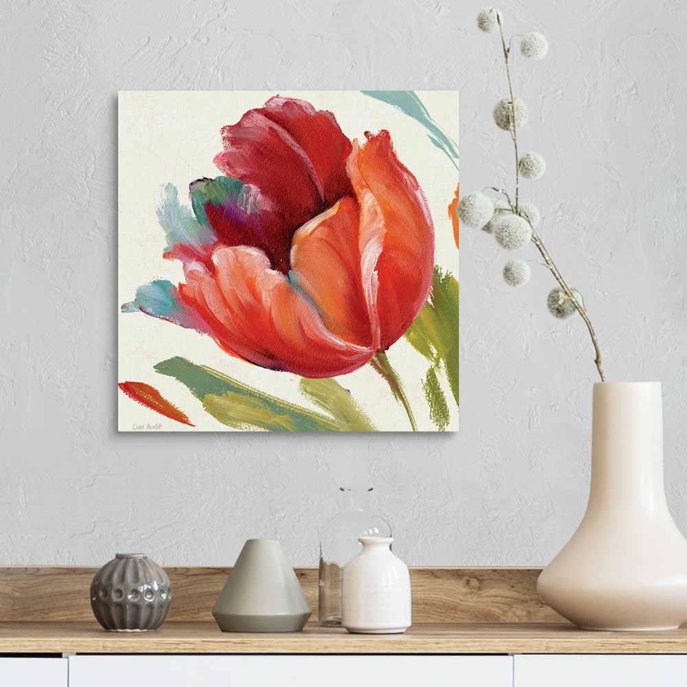 A farmhouse room featuring Contemporary painting of flower blossom with background full of thick colorful random brush strokes.