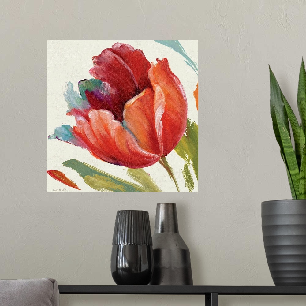 A modern room featuring Contemporary painting of flower blossom with background full of thick colorful random brush strokes.