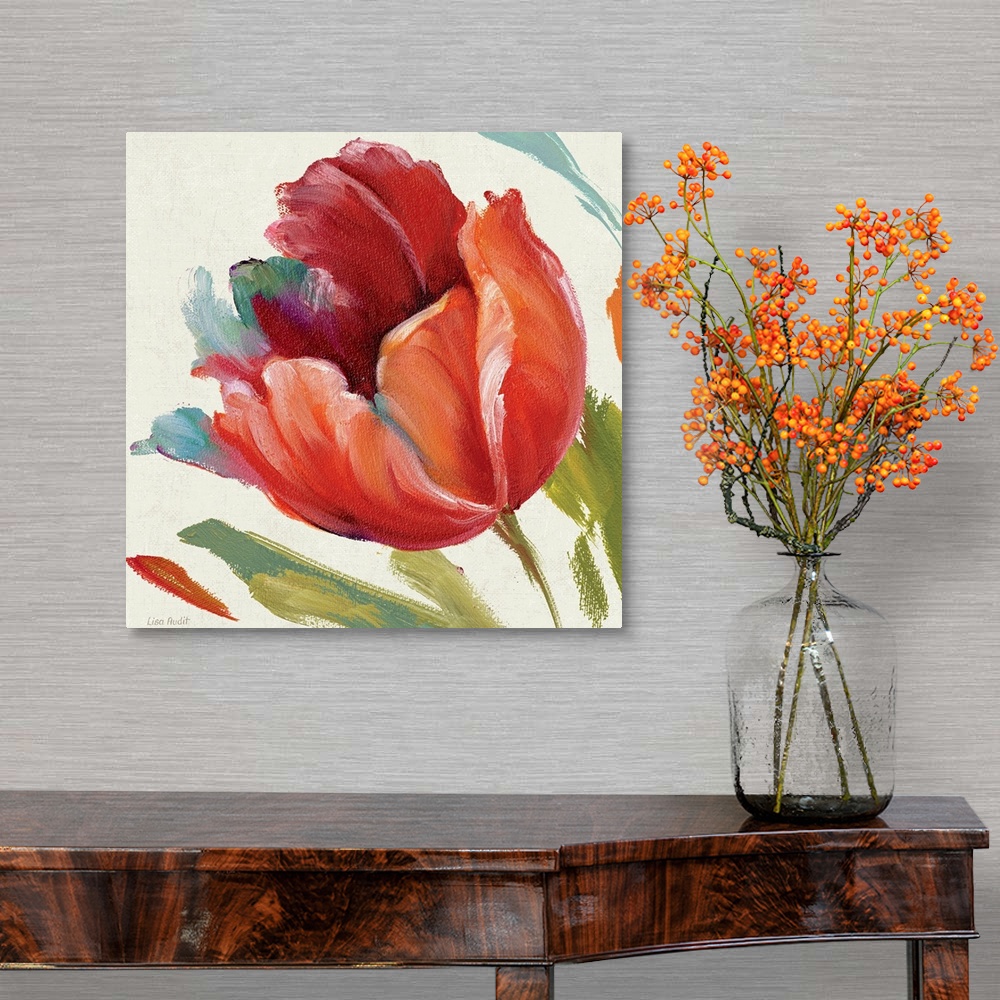 A traditional room featuring Contemporary painting of flower blossom with background full of thick colorful random brush strokes.